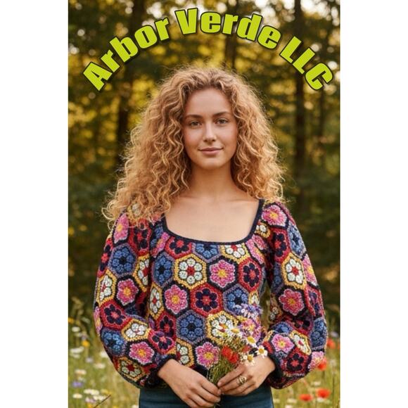 Farm Rio Sweaters - Farm Rio Women M Sweater Crochet Handmade puff sleeves Elastic shoulders wrists